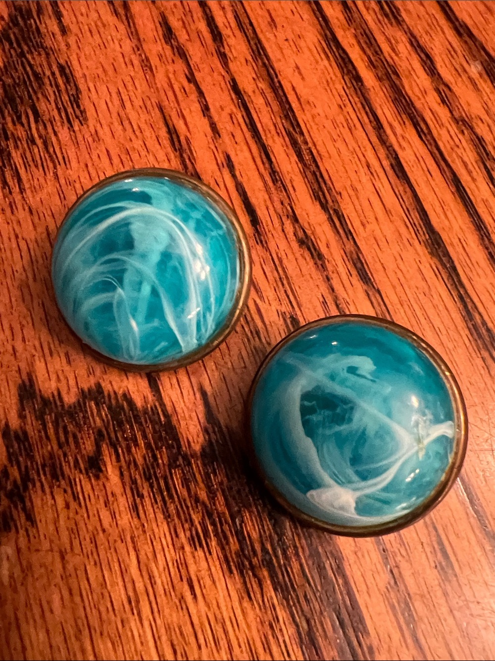 Vintage Blue Marble Swirl Glass Half Dome Round Circle Clipon Earrings 1”